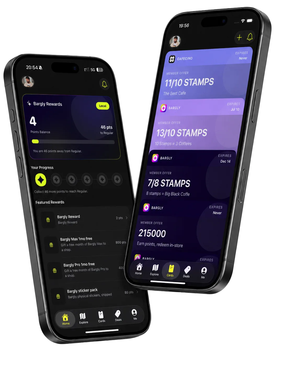 两部手机上的 Bargly App，集点卡与奖励